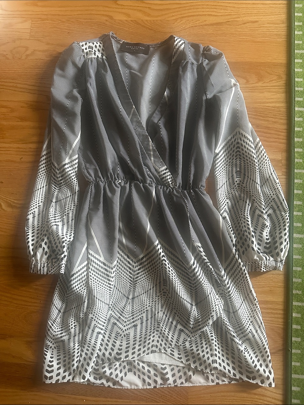 Long Sleeve Black & White Patterned Wrap Dress